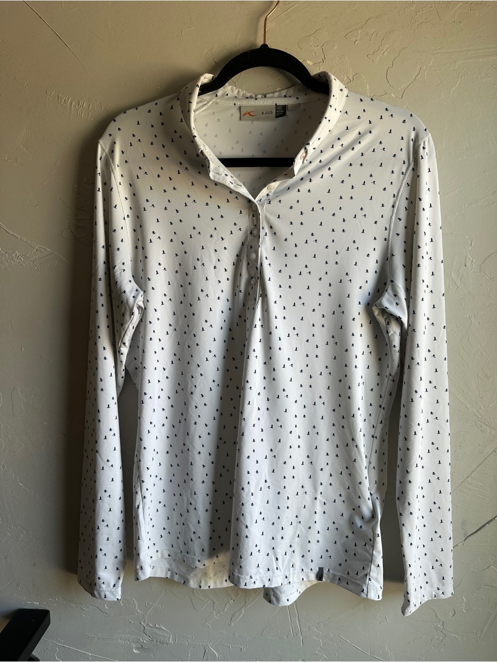 KJUS Dana Printed Polo White Navy Skier Print Golf Shirt Women's XL UPF 50+